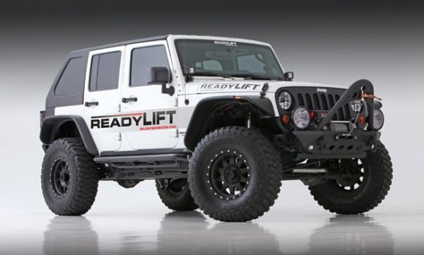 ReadyLift 4" Front, 3" Rear Lift Kit on a white 2007-2014 Jeep Wrangler