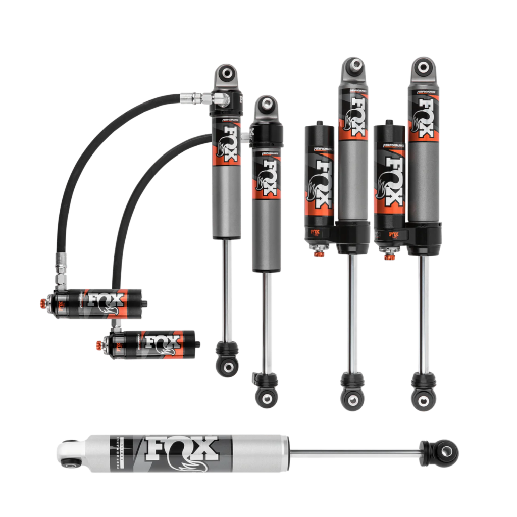 Fox Performance Elite Series 3.5-4 Front-Rear Lift Shocks and IFP Steering Stabilizer for 2018-2022 Jeep Wrangler JL 2WD-4WD 2.5 Reservoir Compression Adjustable