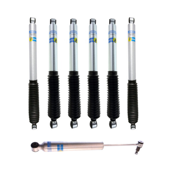 Bilstein 5100 2-2.5 Quad Front and 0-1 Rear Lift Shocks with Steering Stabilizer for 1999-2004 Ford F-250-F-350 Super Duty 4WD