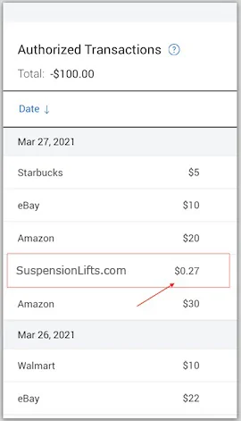 Example bank authorisation showing a small charge from SuspensionLifts.com